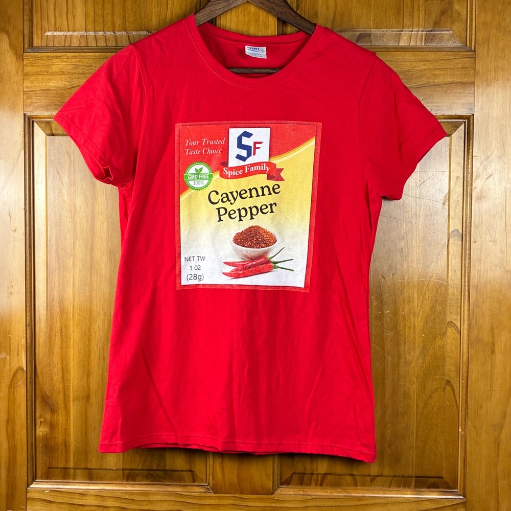 Port & Company Red Cayenne Pepper Spice Label Graphic Tee Shirt Womens Small